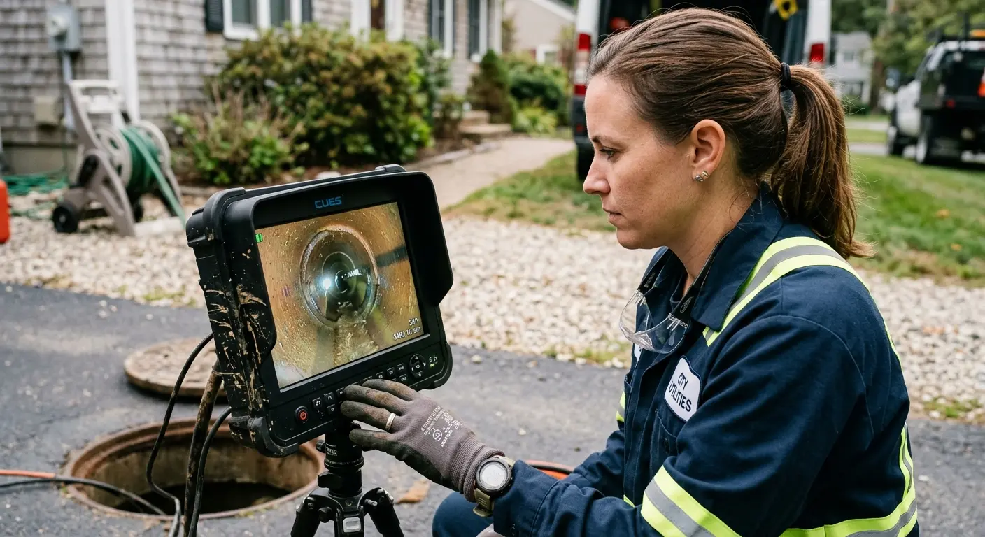Technician reviewing sewer camera inspection footage in McFarland