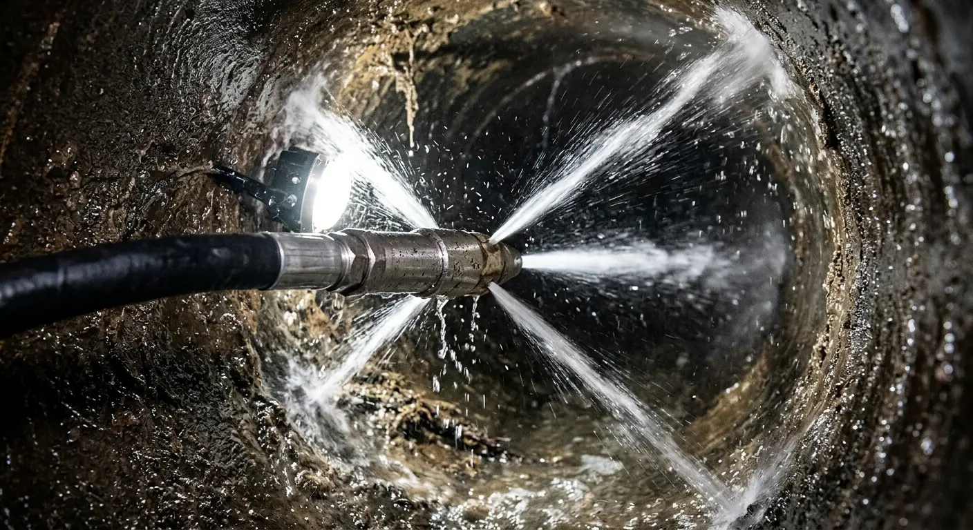 High-pressure hydro jetting nozzle cleaning sewer pipe for Sewer Line Relining in McFarland