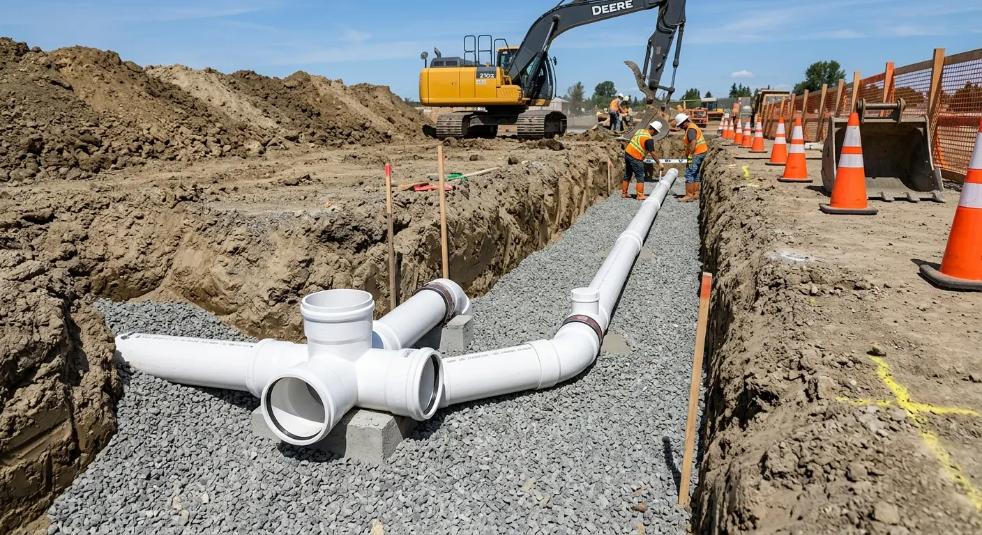 New PVC sewer pipe installation in open trench for Sewer Backup in McFarland