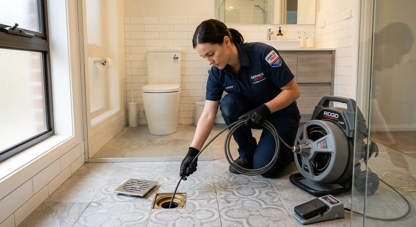 Technician clearing a bathroom floor drain for Sewer Line Replacement in McFarland